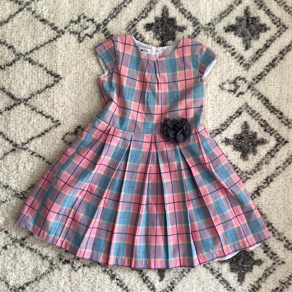 Pleated pink-blue plaid dress, size 6